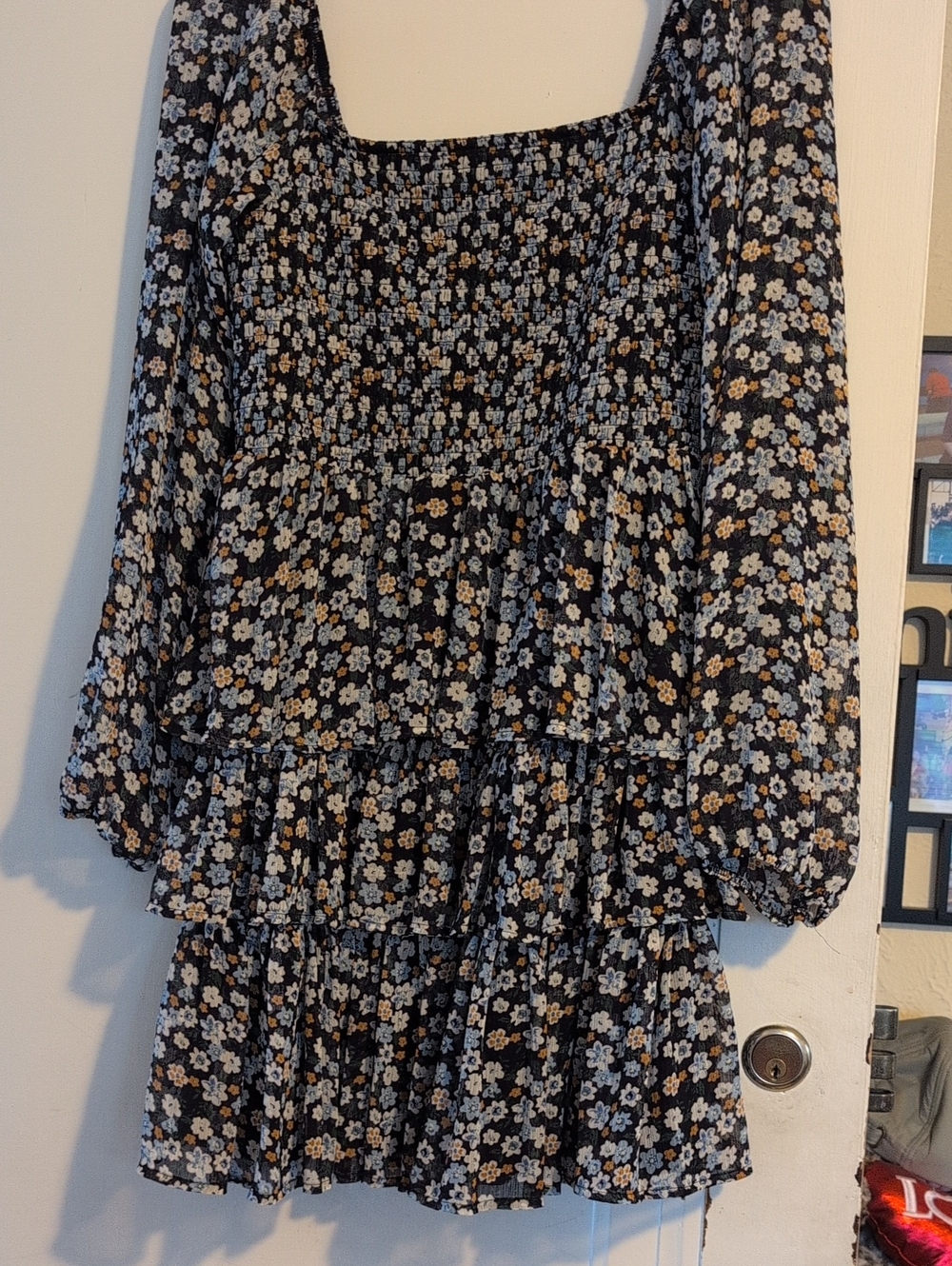 Madden Girl Black Floral Smocked Square-Neck Tiered Tunic